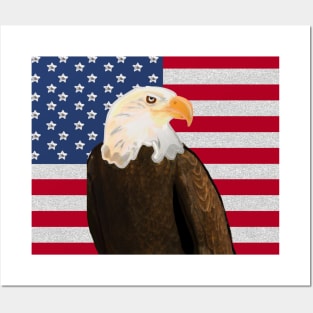 Eagle with American Flag with Silver Stripes Posters and Art